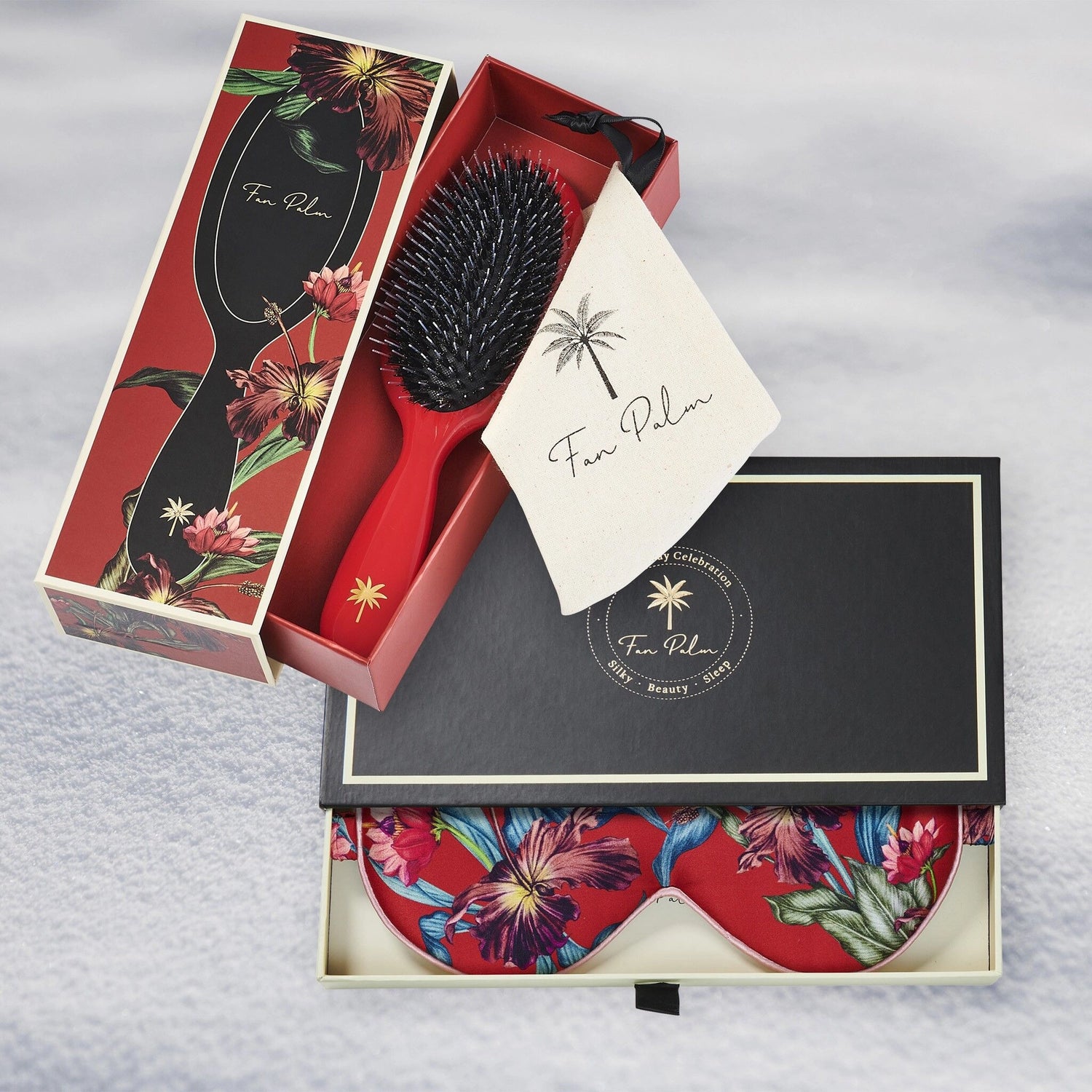 Brosse Cheveux en Poils de Sanglier + Masque de Sommeil en Soie – Coffret FAN PALM